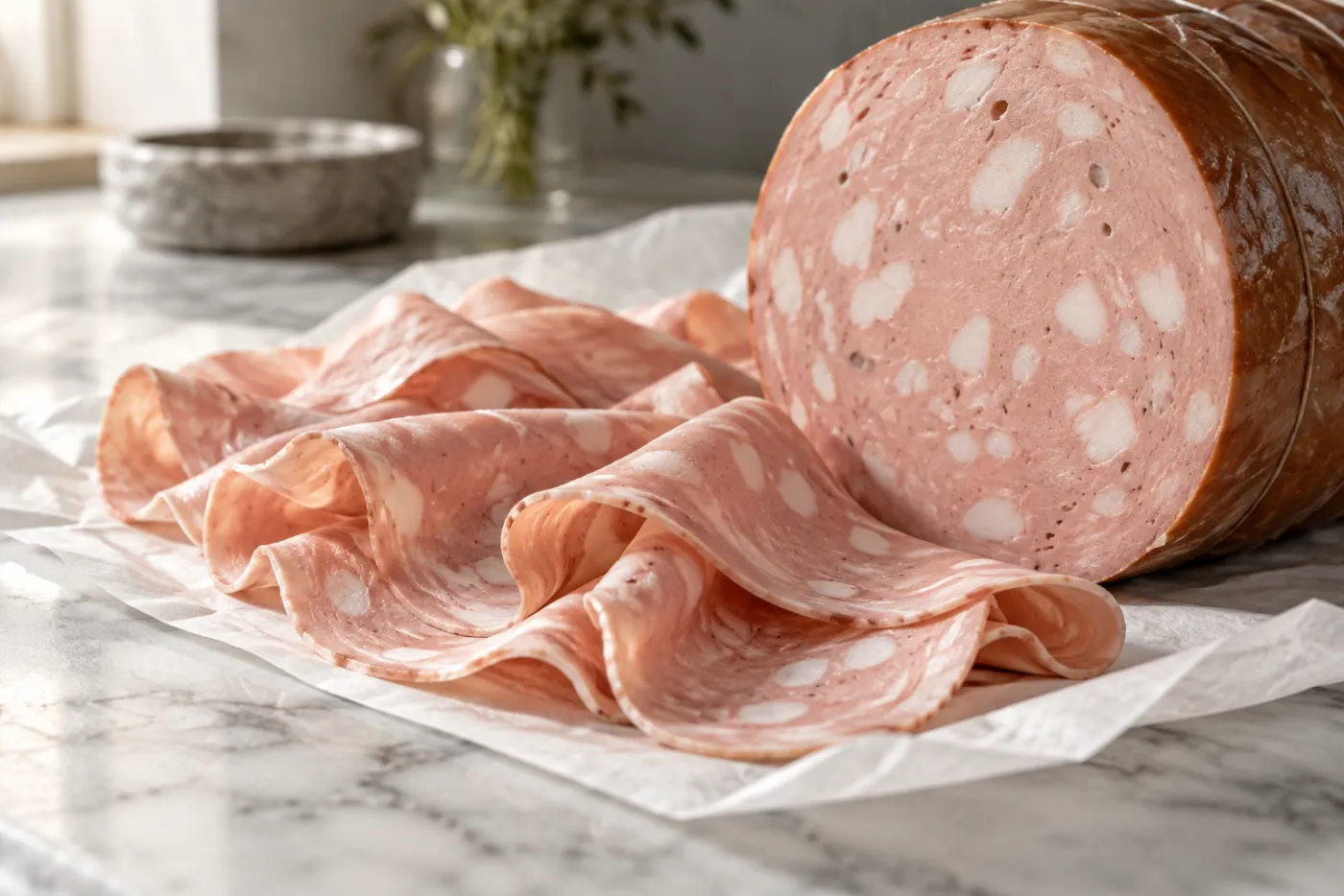 Illustration: dünne Scheiben Mortadella locker gefaltet auf weißem Metzgerpapier neben dem Anschnitt einer großen Mortadella