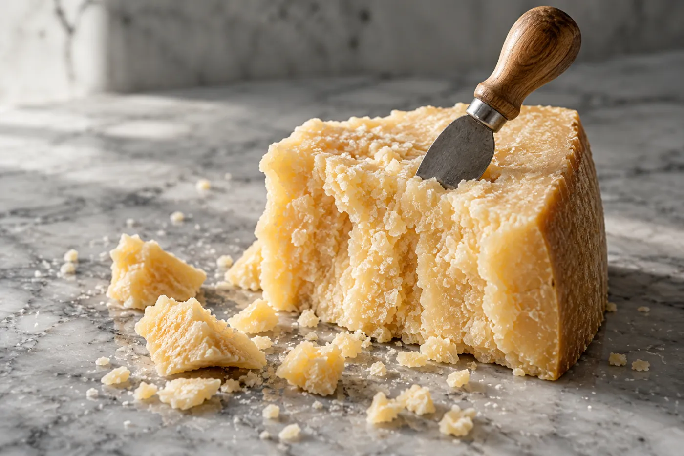 Illustration: ein grob gebrochenes Stück gereifter Parmigiano mit einem kurzen Käsemesser auf grauem Marmor