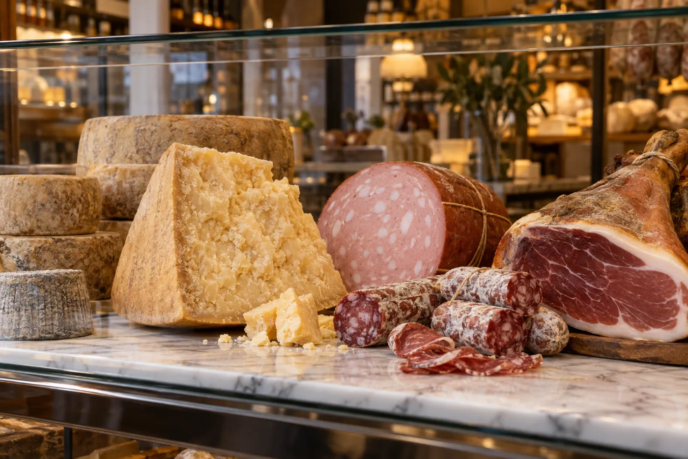 Illustration: Glasvitrine einer italienischen Feinkosttheke mit Käselaiben, einem angeschnittenen Parmigiano, Mortadella, Salami und einem Prosciutto auf Marmor