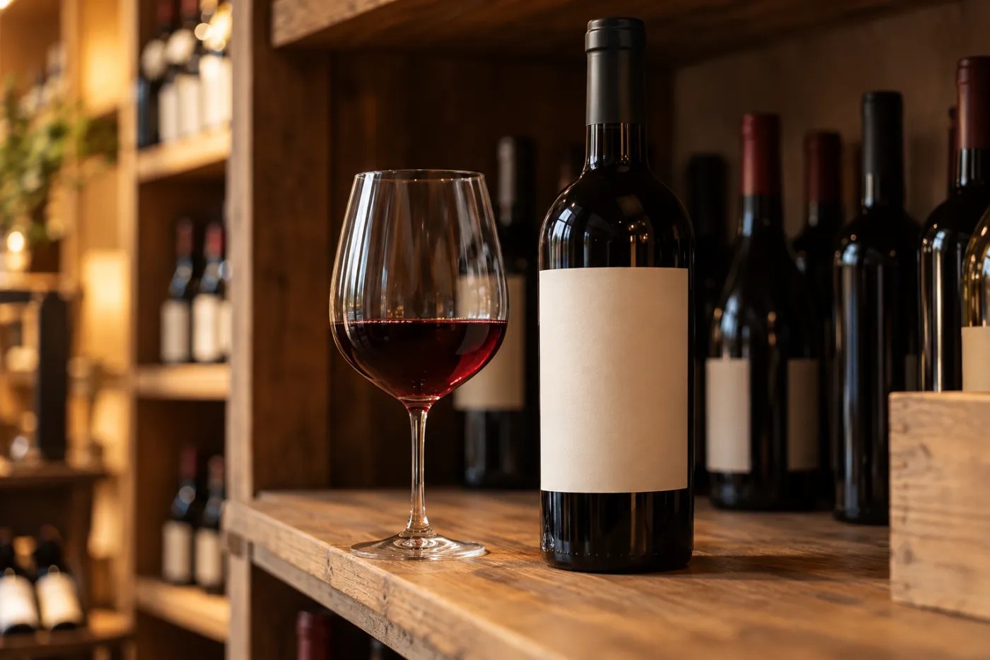 Illustration: ein Glas Rotwein neben einer dunklen Flasche mit unbeschriftetem Etikett auf einem Holzregal, dahinter weitere Flaschen